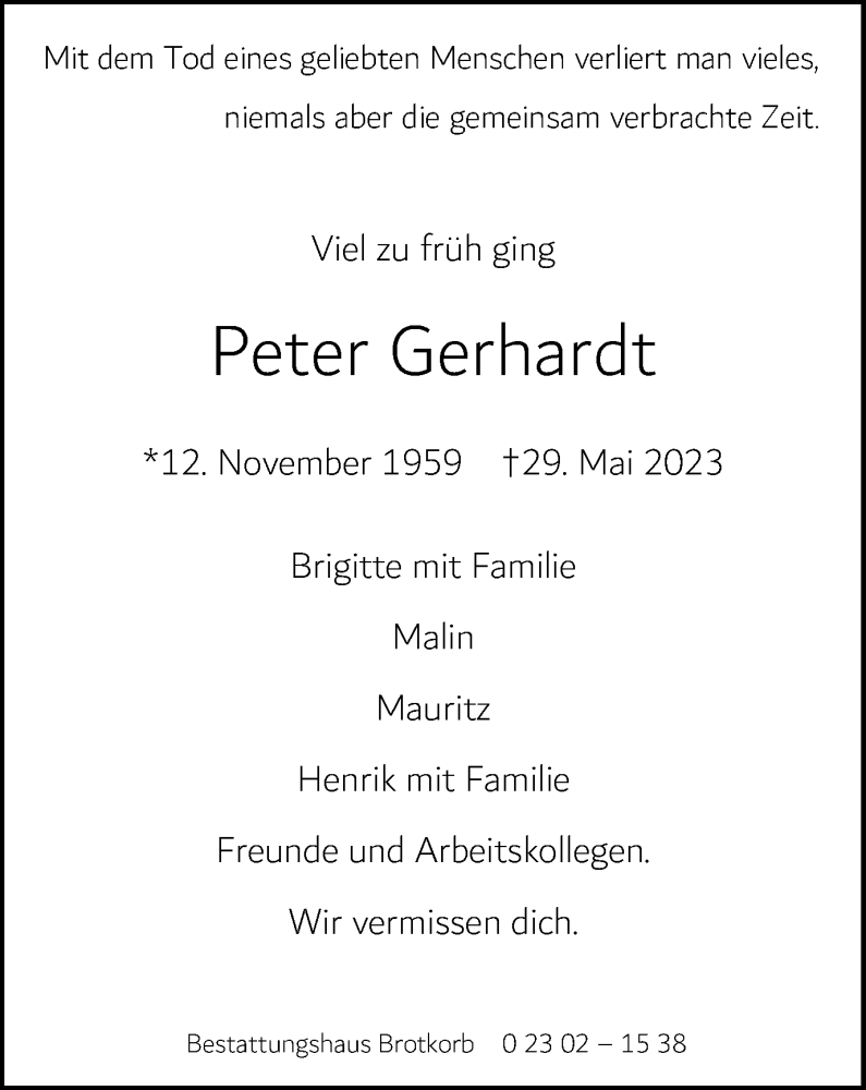 Traueranzeigen Von Peter Gerhardt Trauer In NRW De