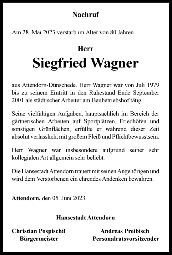 Traueranzeigen Von Siegfried Wagner Trauer In Nrw De