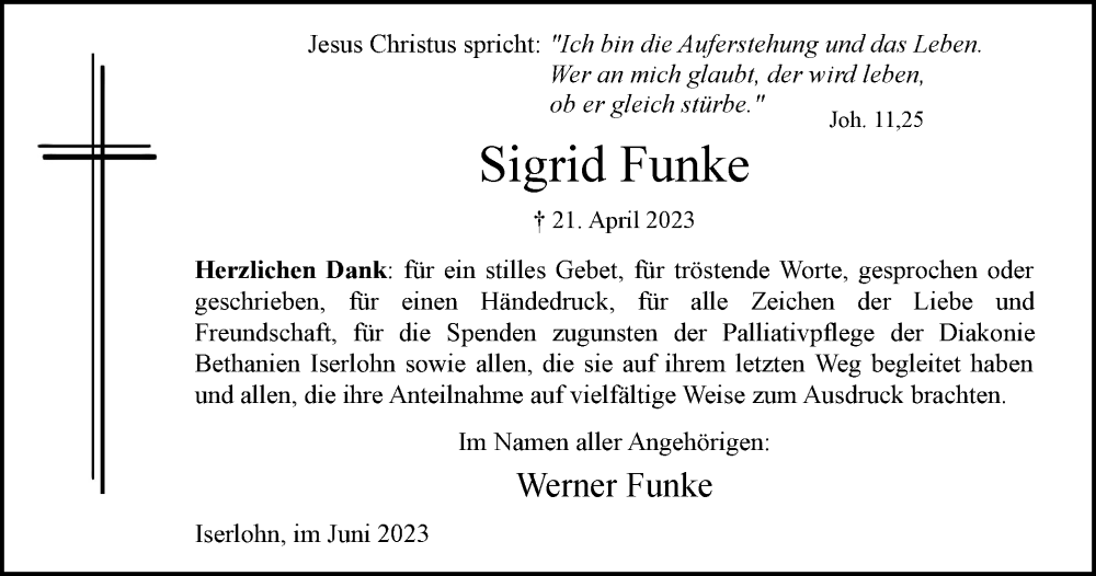 Traueranzeigen Von Sigrid Funke Trauer In Nrw De