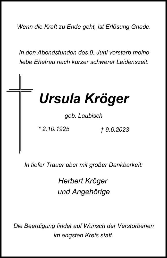 Traueranzeigen Von Ursula Kr Ger Trauer In Nrw De