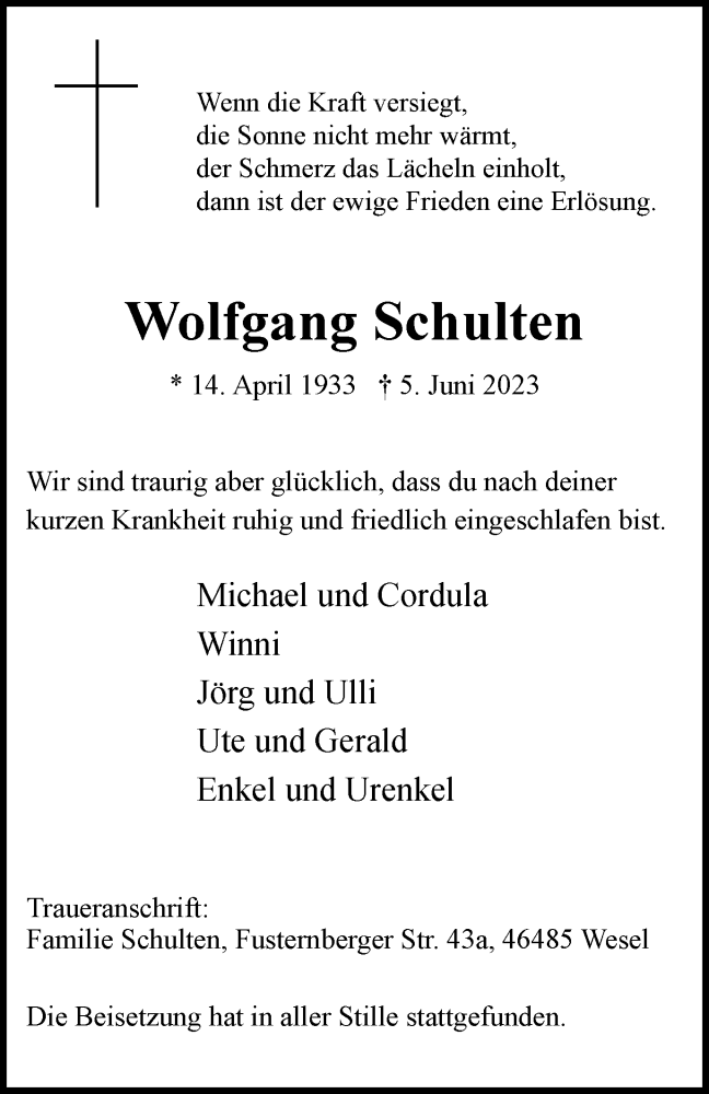 Traueranzeigen Von Wolfgang Schulten Trauer In Nrw De