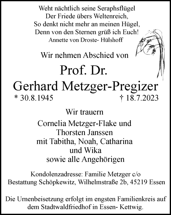 Traueranzeigen Von Gerhard Metzger Pregizer Trauer In Nrw De