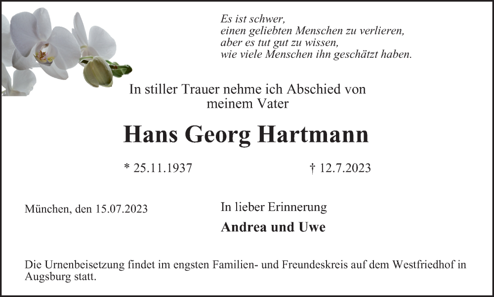 Traueranzeigen Von Hans Georg Hartmann Trauer In NRW De