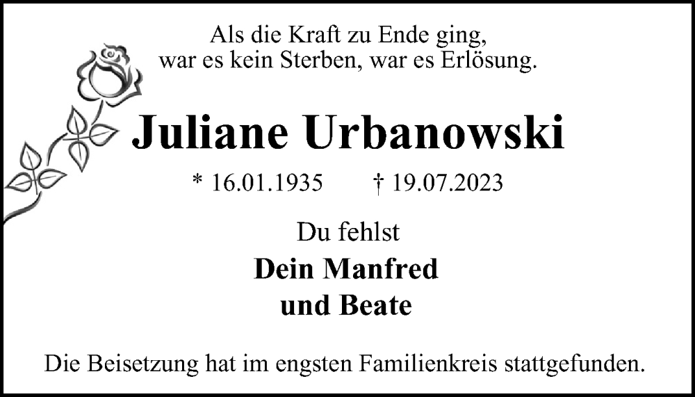 Traueranzeigen Von Juliane Urbanowski Trauer In Nrw De