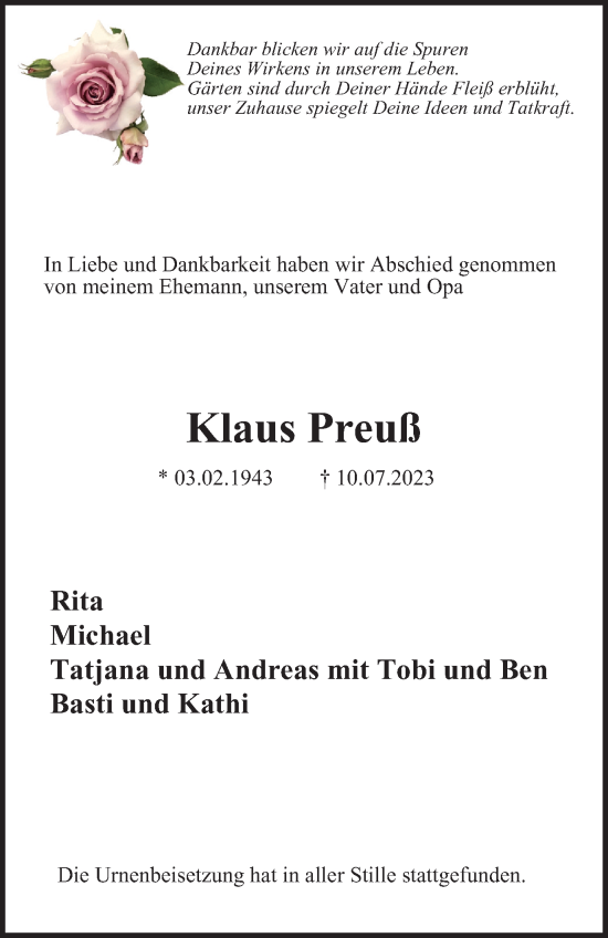 Traueranzeigen Von Klaus Preu Trauer In Nrw De