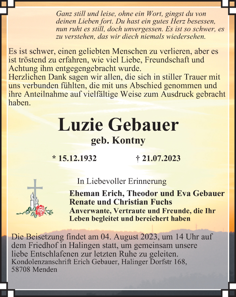 Traueranzeigen Von Luzie Gebauer Trauer In NRW De