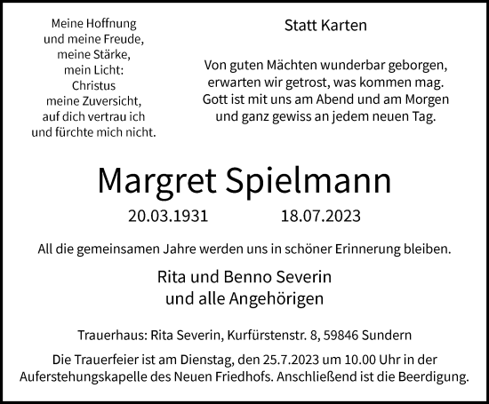 Traueranzeigen Von Margret Spielmann Trauer In NRW De