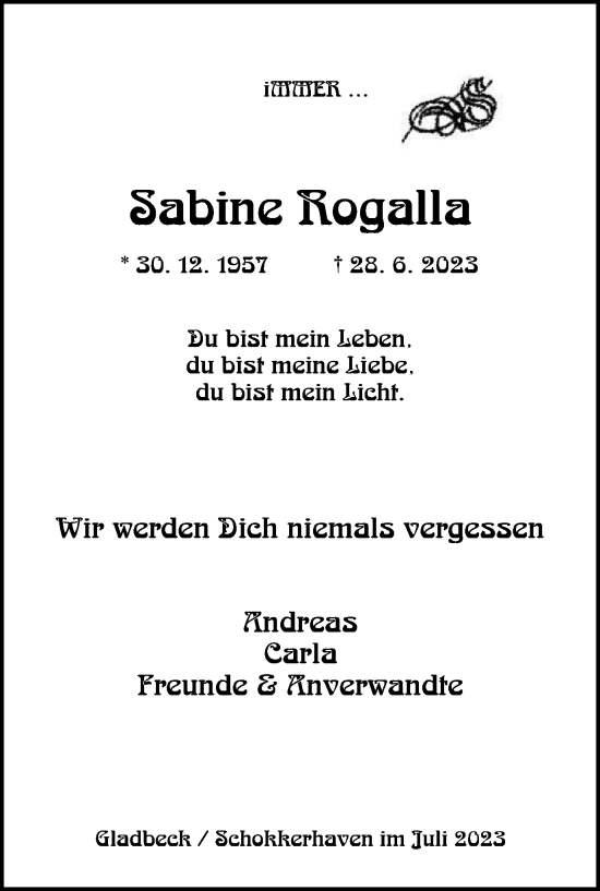 Traueranzeigen Von Sabine Rogalla Trauer In NRW De