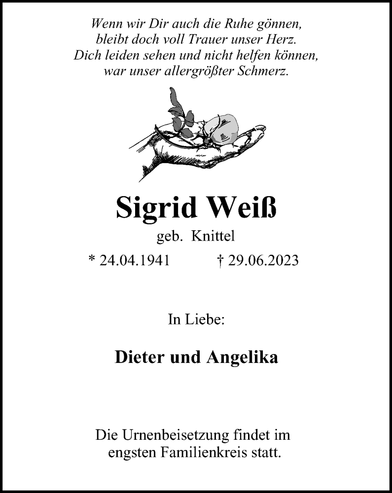 Traueranzeigen Von Sigrid Wei Trauer In Nrw De