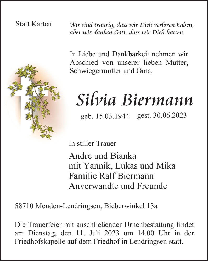 Traueranzeigen Von Silvia Biermann Trauer In NRW De