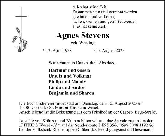 Traueranzeigen Von Agnes Stevens Trauer In NRW De