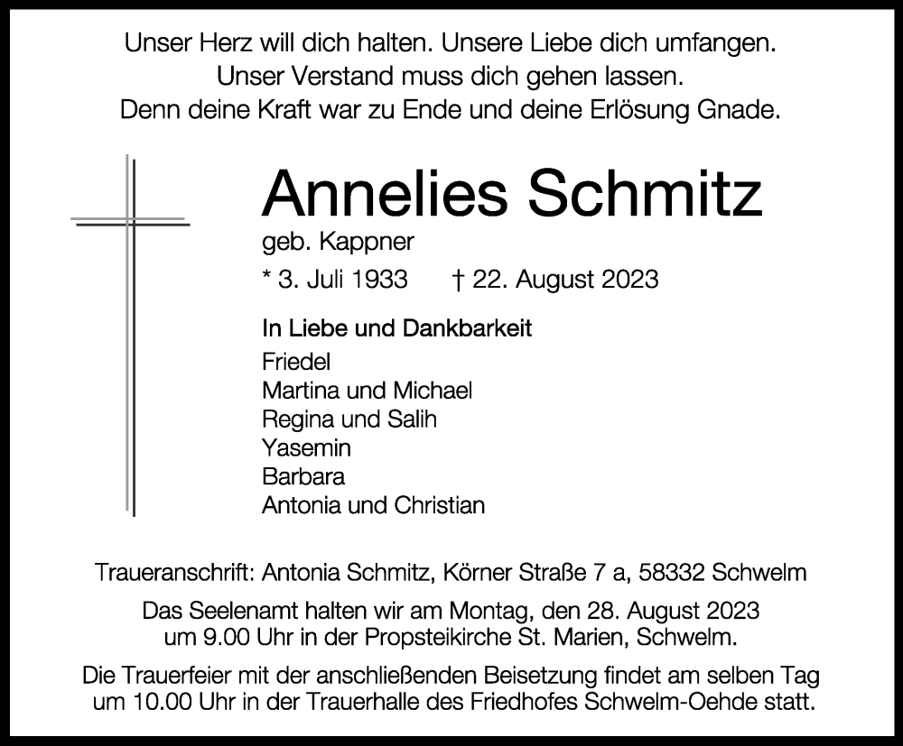 Traueranzeigen Von Annelies Schmitz Trauer In NRW De