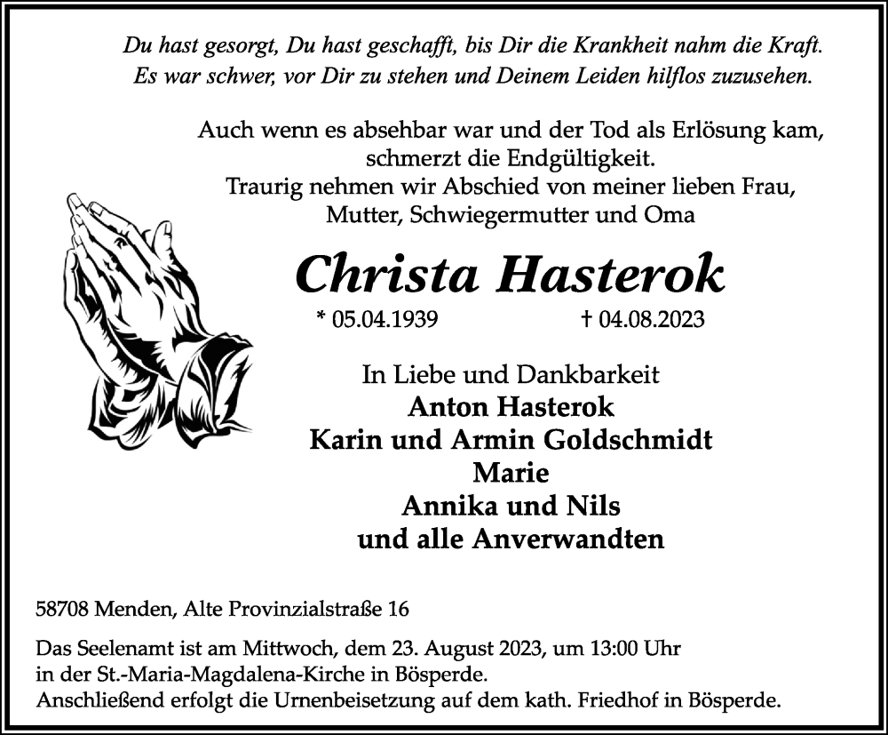 Traueranzeigen Von Christa Hasterok Trauer In Nrw De