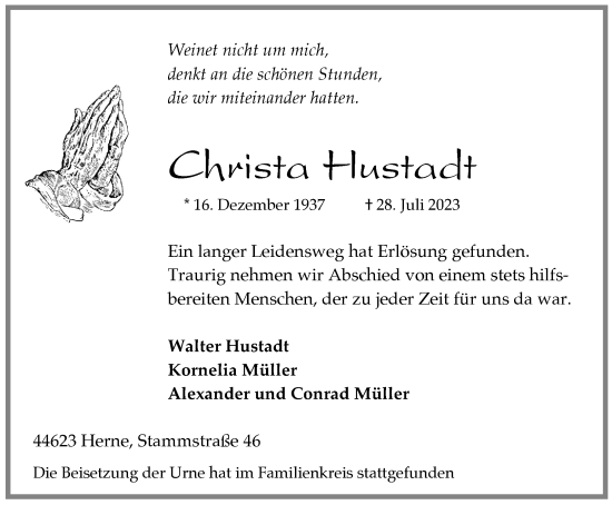 Traueranzeigen Von Christa Hustadt Trauer In NRW De