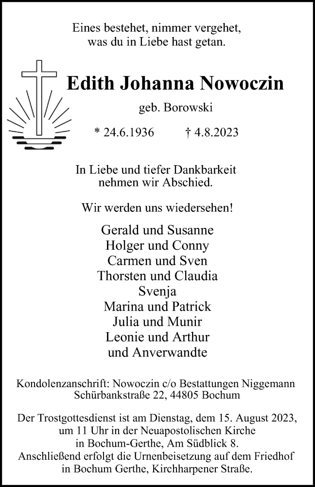 Traueranzeigen Von Edith Johanna Nowoczin Trauer In NRW De