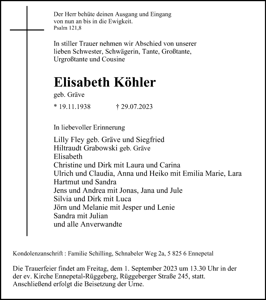 Traueranzeigen Von Elisabeth K Hler Trauer In Nrw De