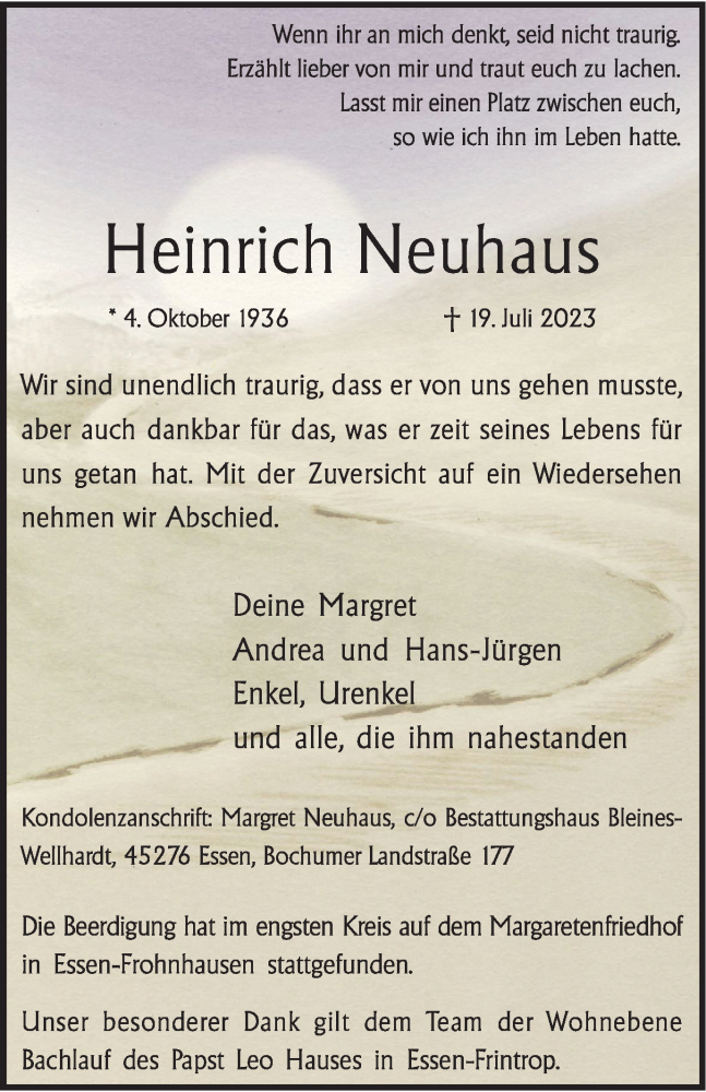 Traueranzeigen Von Heinrich Neuhaus Trauer In Nrw De