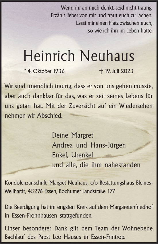 Traueranzeigen Von Heinrich Neuhaus Trauer In NRW De