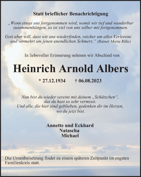 Traueranzeigen Von Heinrich Arnold Albers Trauer In NRW De