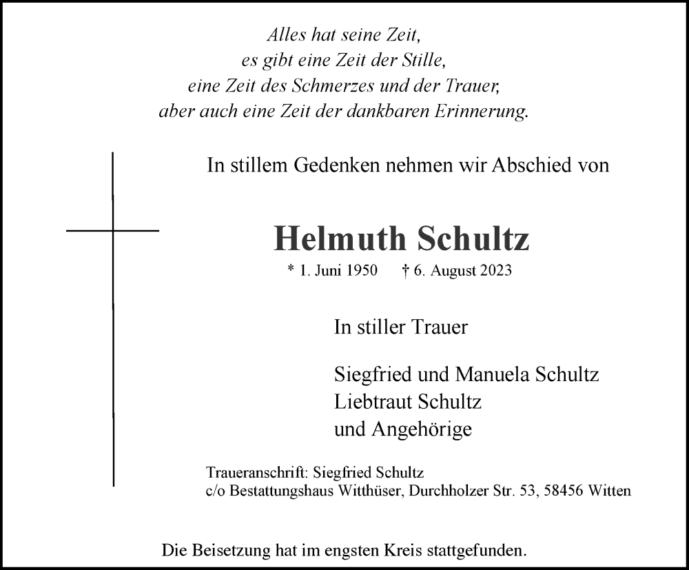 Traueranzeigen Von Helmuth Schultz Trauer In NRW De