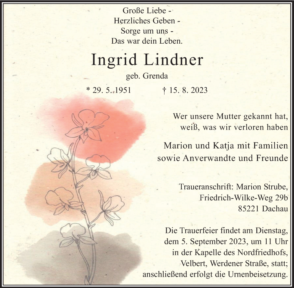 Traueranzeigen Von Ingrid Lindner Trauer In NRW De