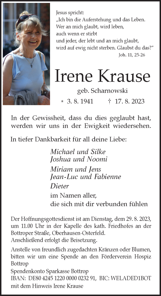 Traueranzeigen Von Irene Krause Trauer In NRW De