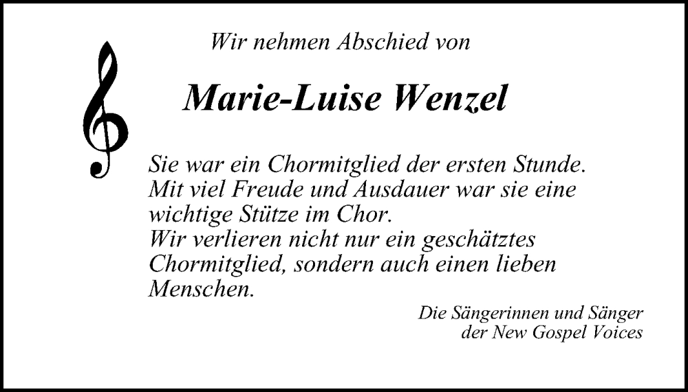 Traueranzeigen Von Marie Luise Wenzel Trauer In Nrw De