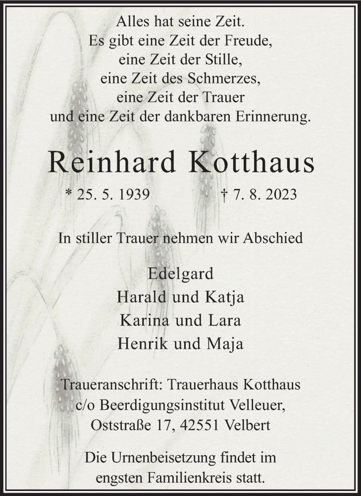 Traueranzeigen Von Reinhard Kotthaus Trauer In NRW De