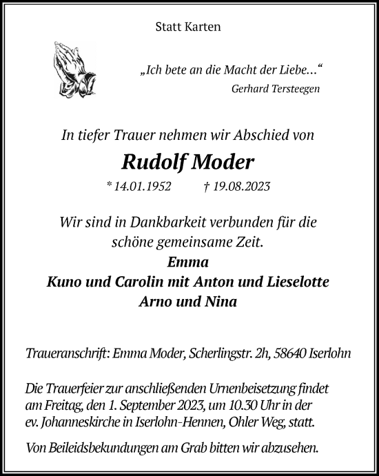 Traueranzeigen Von Rudolf Moder Trauer In NRW De