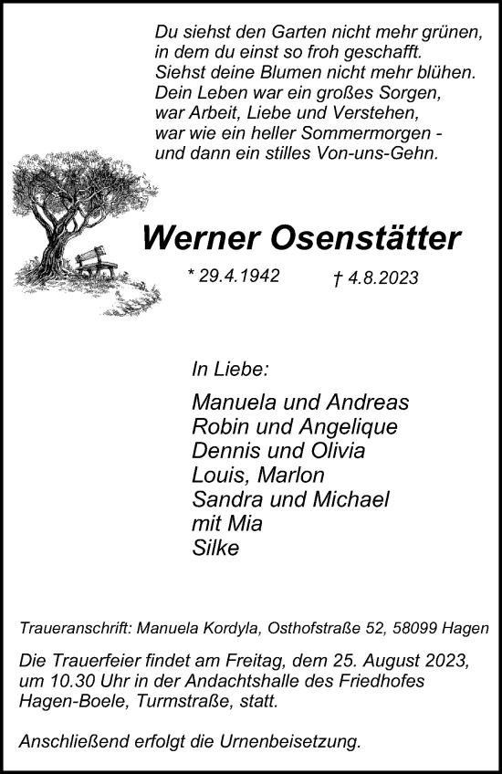 Traueranzeigen von Werner Osenstätter Trauer in NRW de