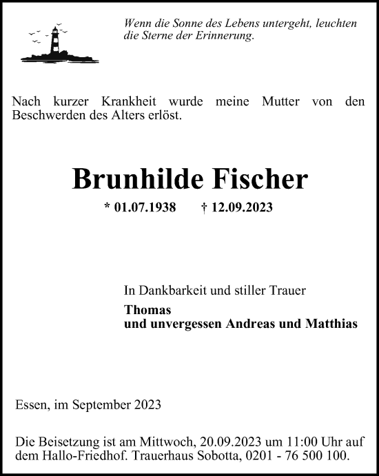 Traueranzeigen Von Brunhilde Fischer Trauer In NRW De