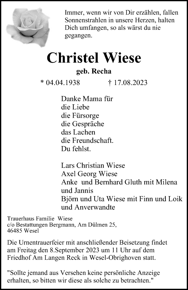 Traueranzeigen Von Christel Wiese Trauer In Nrw De