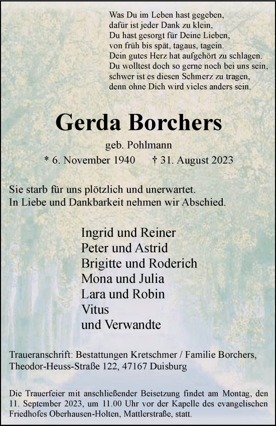 Traueranzeigen Von Gerda Borchers Trauer In Nrw De