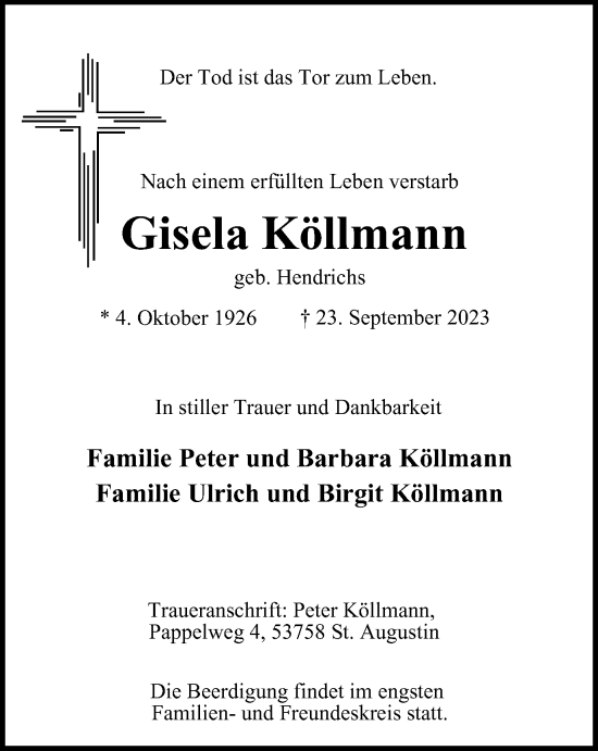 Traueranzeigen von Gisela Köllmann Trauer in NRW de