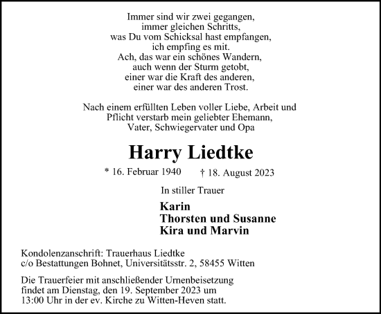 Traueranzeigen Von Harry Liedtke Trauer In NRW De