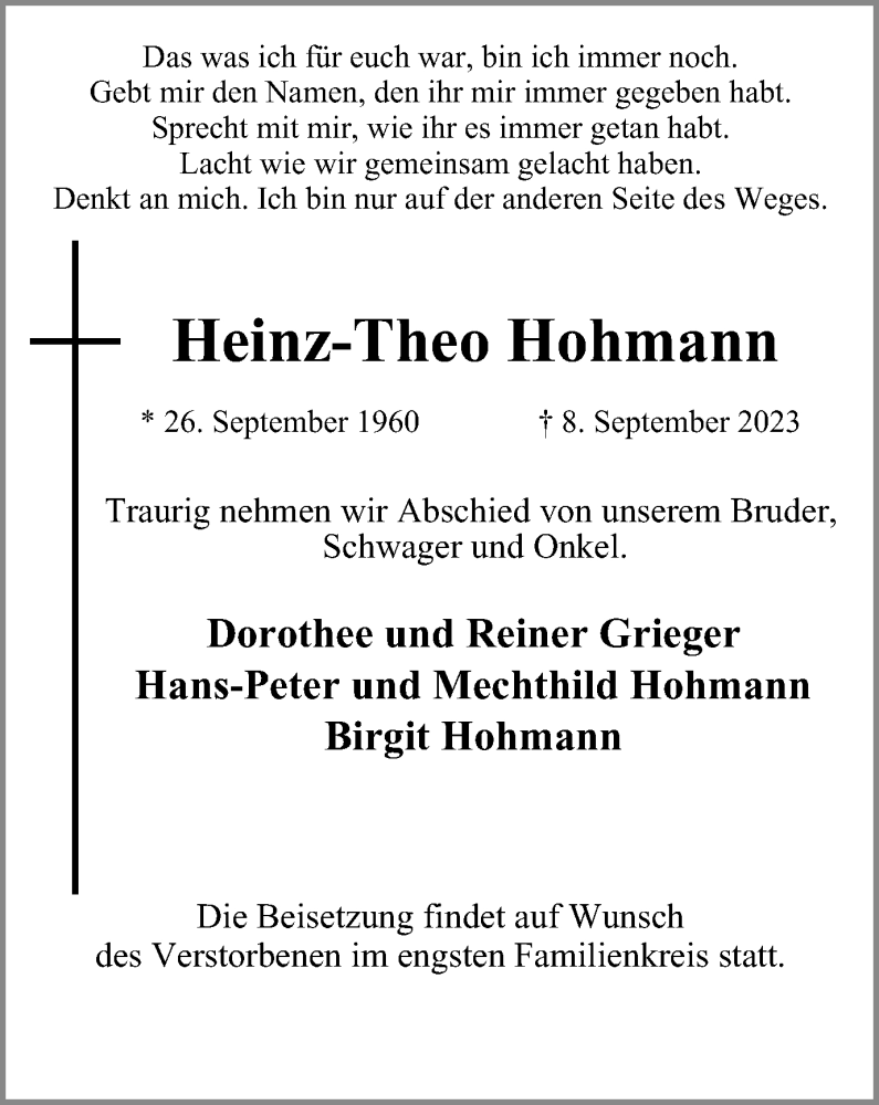 Traueranzeigen Von Heinz Theo Hohmann Trauer In NRW De