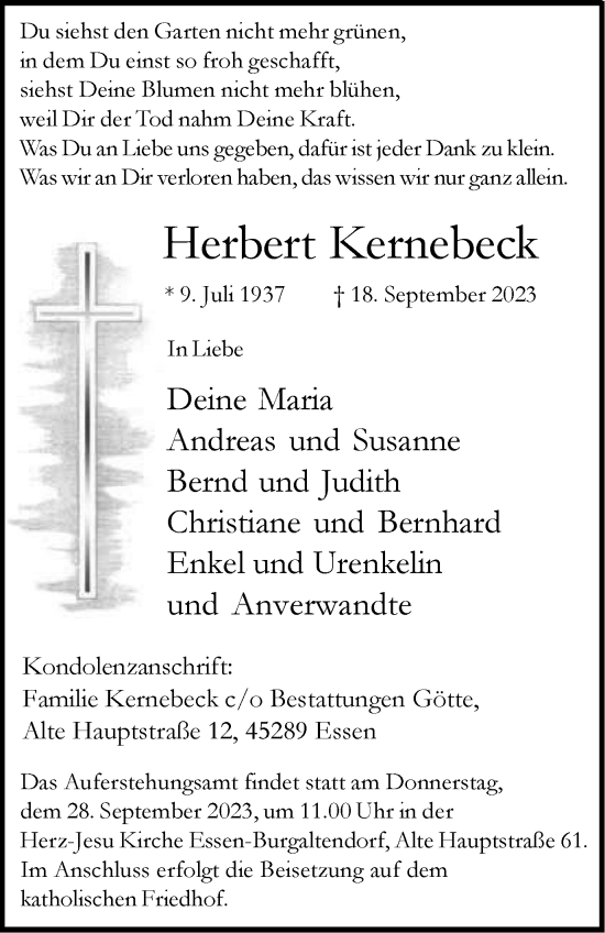 Traueranzeigen Von Herbert Kernebeck Trauer In NRW De