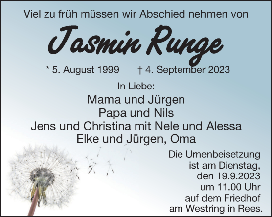 Traueranzeigen Von Jasmin Runge Trauer In NRW De