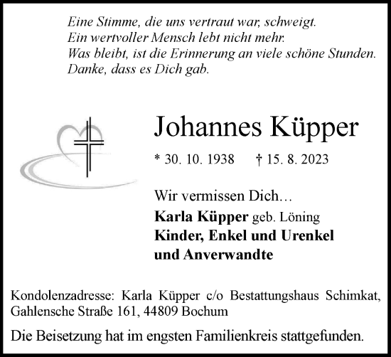 Traueranzeigen von Johannes Küpper Trauer in NRW de