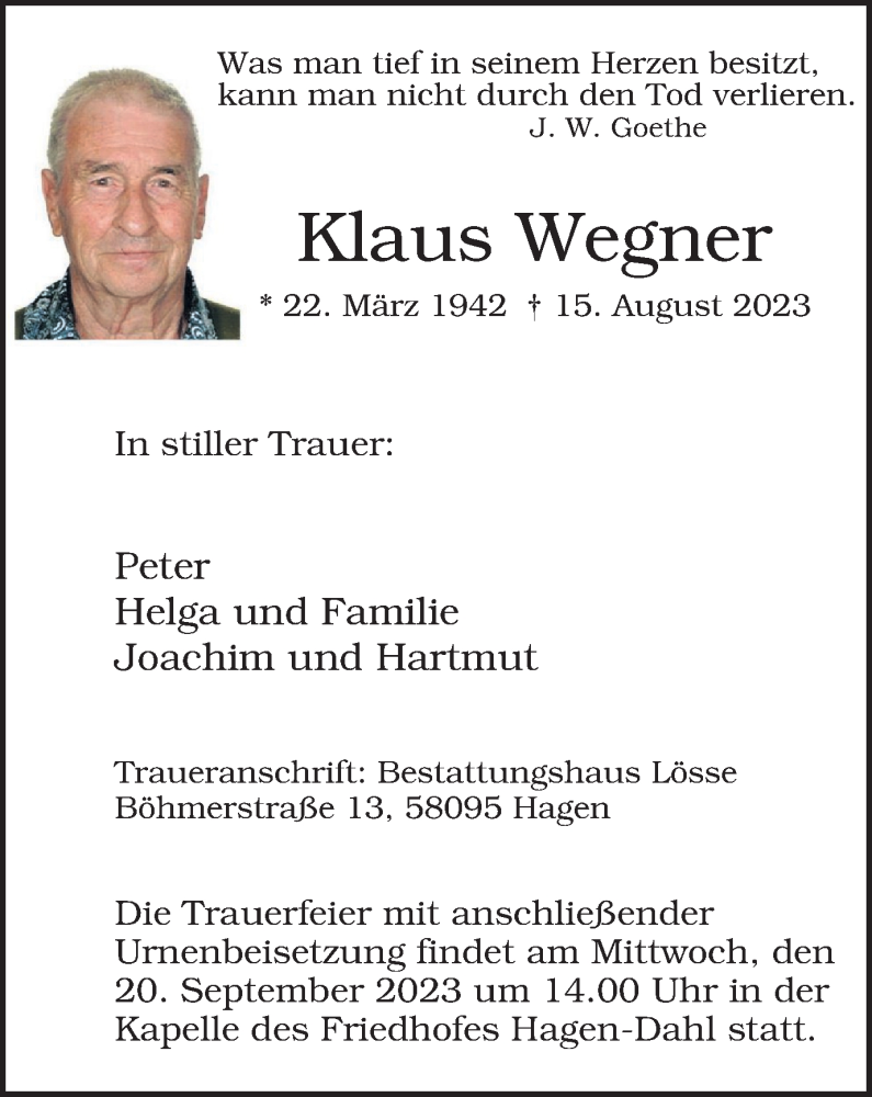 Traueranzeigen Von Klaus Wegner Trauer In NRW De