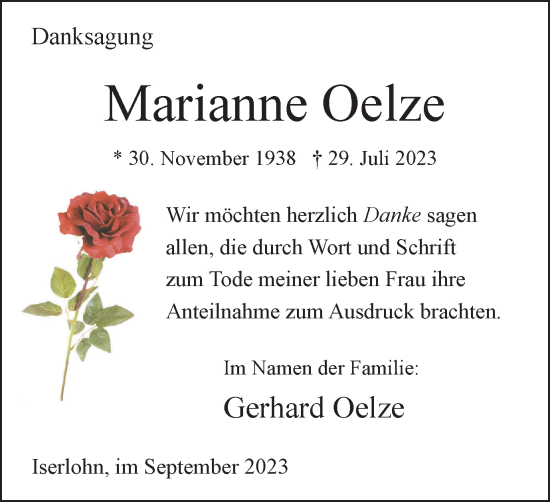 Traueranzeigen Von Marianne Oelze Trauer In NRW De