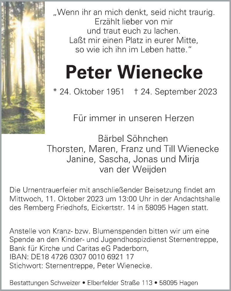 Traueranzeigen Von Peter Wienecke Trauer In Nrw De