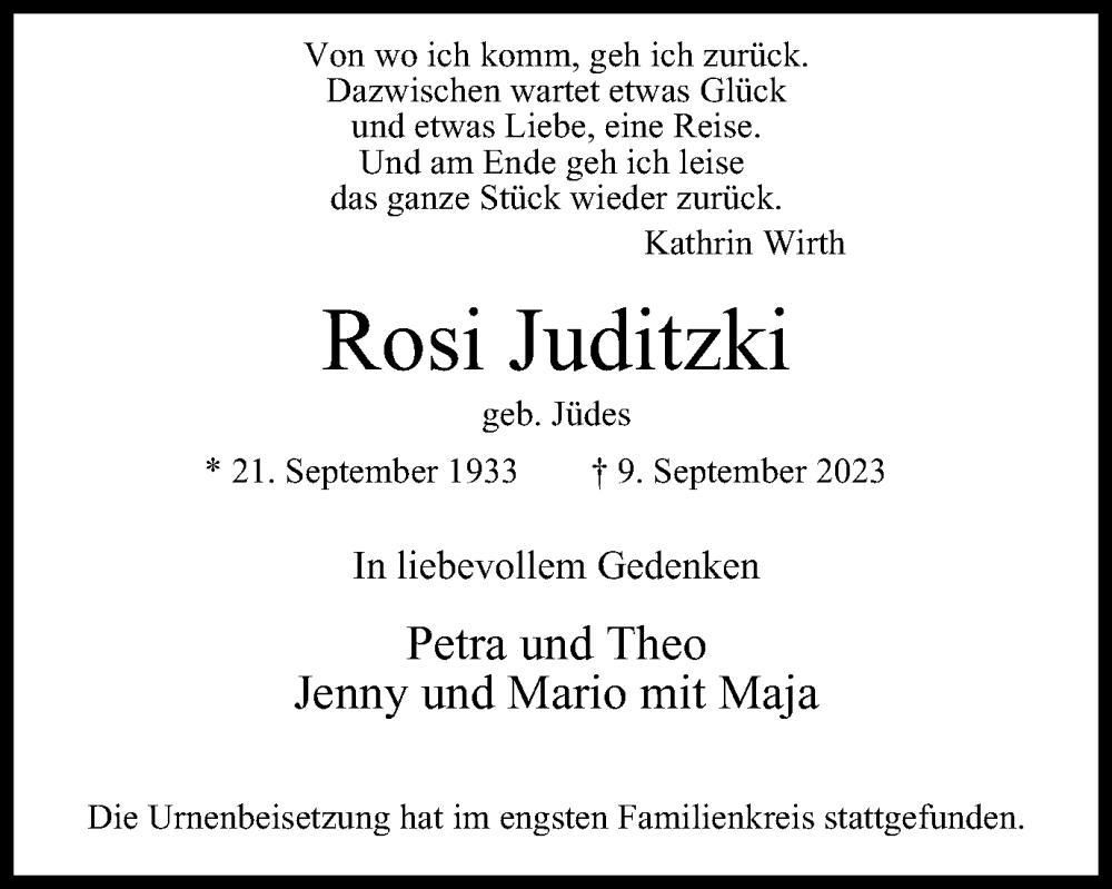 Traueranzeigen Von Rosi Juditzki Trauer In NRW De