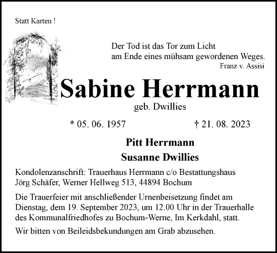 Traueranzeigen Von Sabine Herrmann Trauer In Nrw De