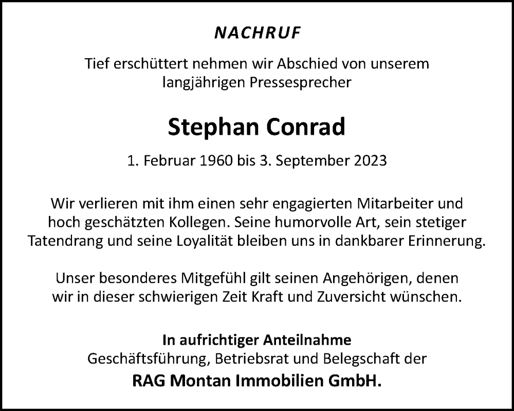 Traueranzeigen Von Stephan Conrad Trauer In Nrw De