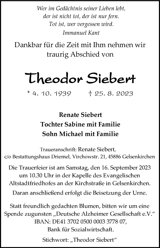 Traueranzeigen Von Theodor Siebert Trauer In Nrw De