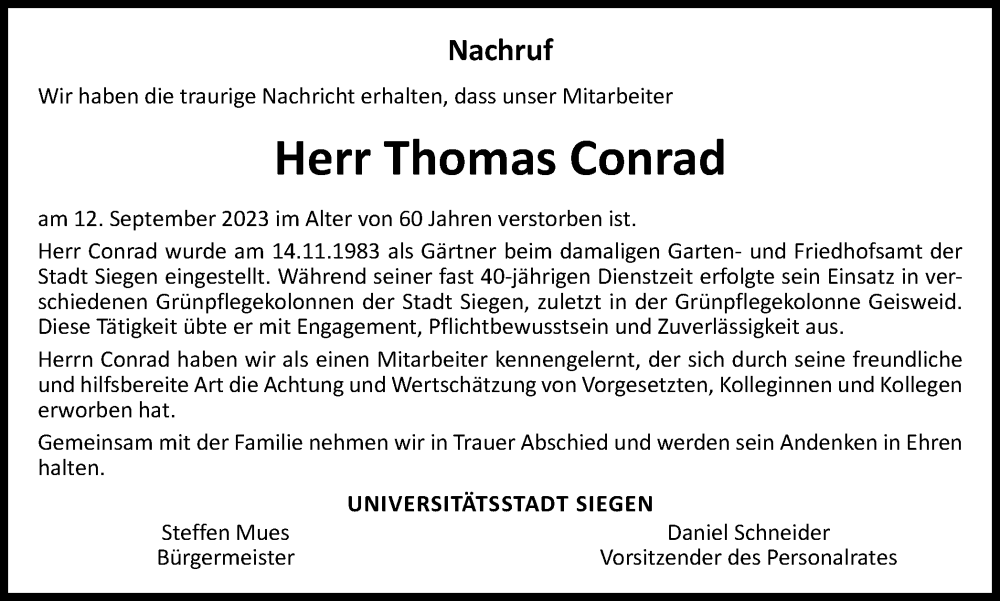 Traueranzeigen Von Thomas Conrad Trauer In Nrw De