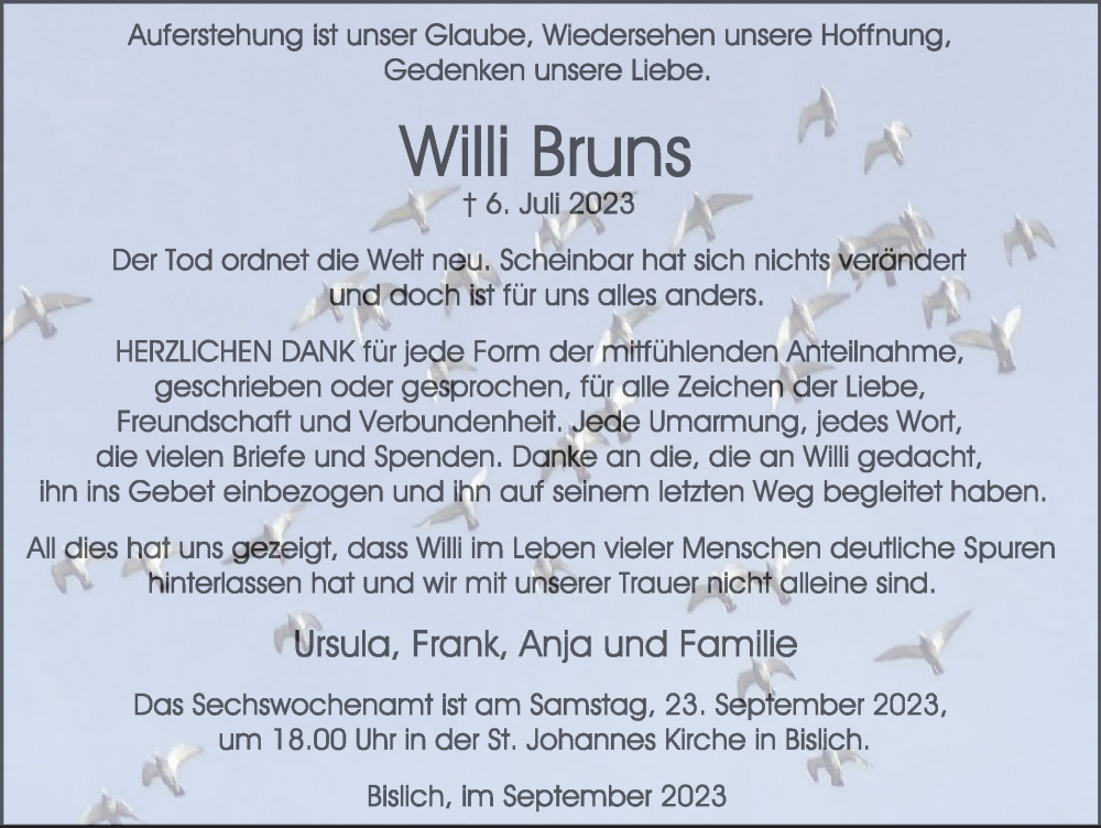 Traueranzeigen Von Willi Bruns Trauer In Nrw De