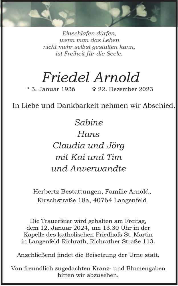 Traueranzeigen Von Friedel Arnold Trauer In Nrw De