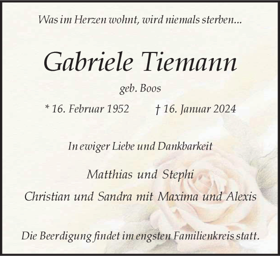 Traueranzeigen Von Gabriele Tiemann Trauer In NRW De